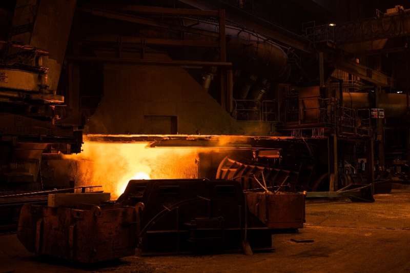 Liquid iron is tapped into a chute from the blast furnace at steelmaker SSAB in Luleå, northern Sweden