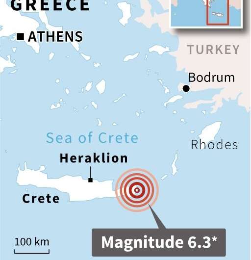Map locating a quake off the island of Crete in Greece