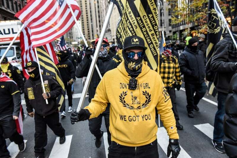 Members of the Proud Boys march in Manhattan against vaccine mandates  in New York City