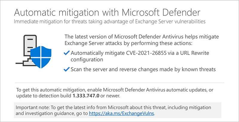 Microsoft Defender Antivirus now offers automatic on-premises Exchange Server mitigation