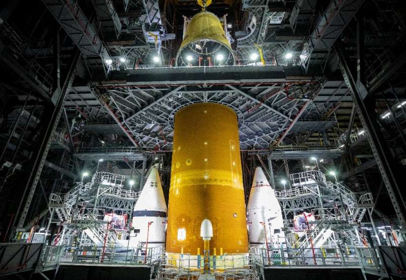 Part of NASA's giant SLS rocket which will be used for the Artemis mission to return humans to the Moon
