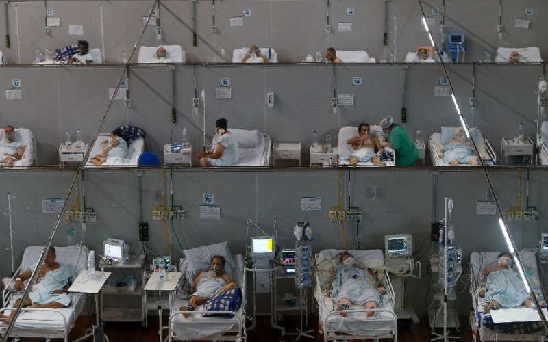 Patients affected by the coronavirus at a field hospital in Santo Andre, Brazil.
