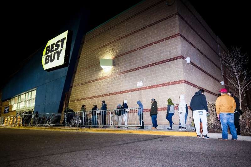 &quot;Black Friday&quot; shoppers wait in line for a Best Buy store to open on November 26, 2021 in Westminster, Colorado