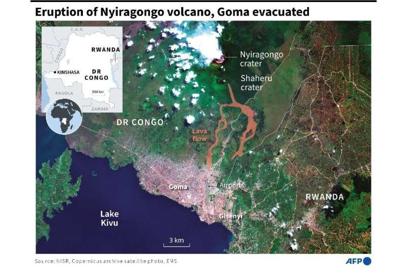Satellite photo of the zone around the Nyiragongo volcano, showing lava flows towards the city of Goma