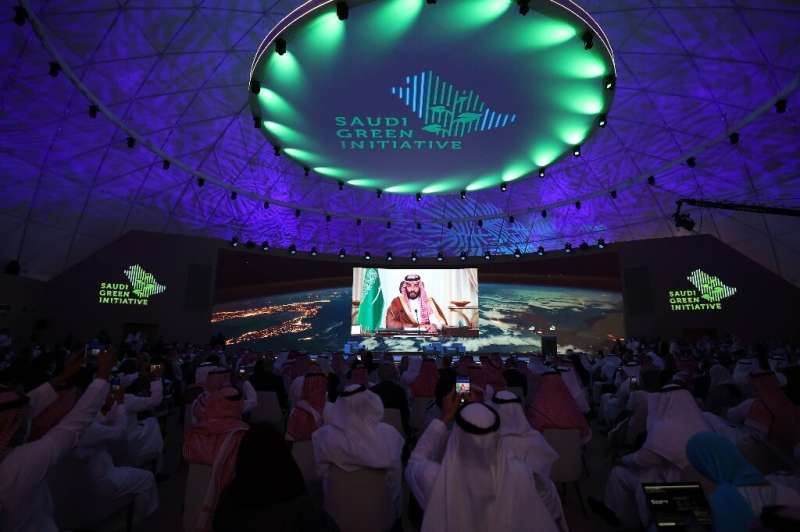 Saudi Crown Prince Mohammed bin Salman delivers a speech during the opening ceremony of the Saudi Green Initiative forum on Octo