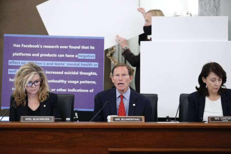Senator Richard Blumenthal (center) speaks during a hearing examining Facebook's effects on teen health