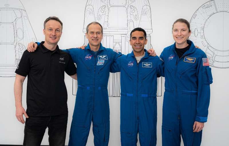 SpaceX Crew-3 astronauts (L-R) Matthias Maurer, Thomas Marshburn, Raja Chari and Kayla Barron during training