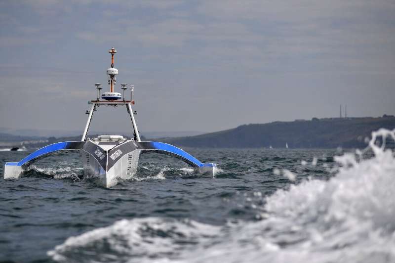 The Mayflower 400 autonomous trimaran during sea trials in Plymouth this week