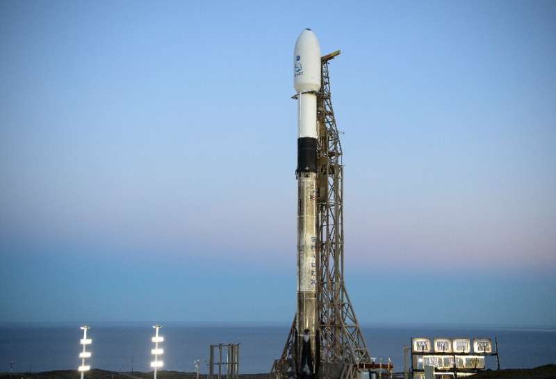 The SpaceX Falcon 9 rocket with the DART spacecraft onboard at sunrise the day of liftoff