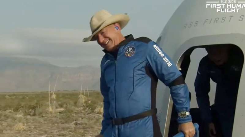 The world's richest man Jeff Bezos is seen here after returning to Earth aboard Blue Origin's reusable New Shepard capsule