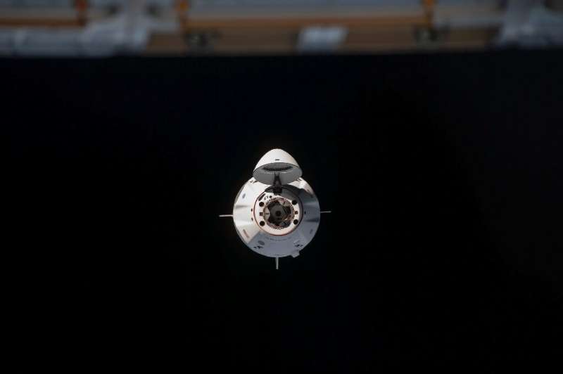 The SpaceX Crew Dragon spacecraft as it approaches the International Space Station for a docking