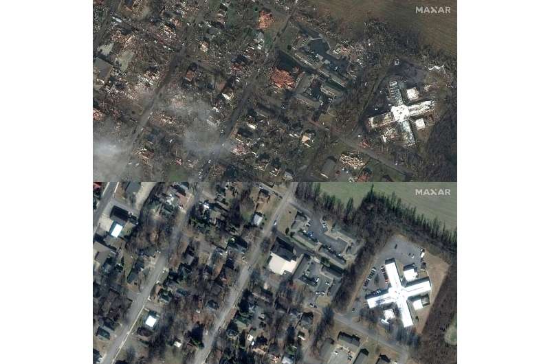 This combination of pictures released by Maxar Technologies shows buildings destroyed by a tornado in Mayfield, Kentucky, (top) 