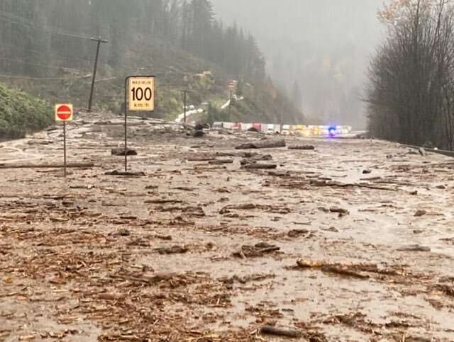 This handout photo from the British Columbia Ministry of Transportation and Safety shows a mudslide closing Highway 1 between Po