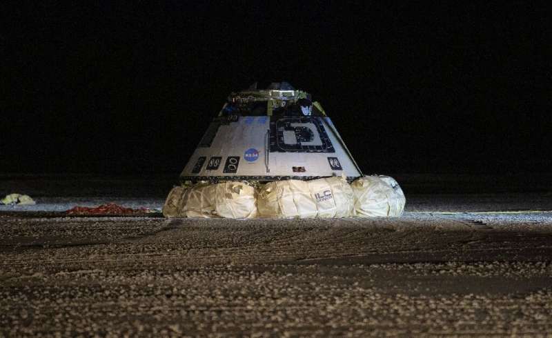 This NASA photo shows the Boeing CST-100 Starliner spacecraft after it landed in White Sands, New Mexico, on December 22, 2019