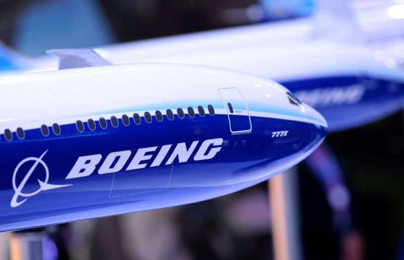This picture taken on November 15, 2021 shows the Boeing stand at the 2021 Dubai Airshow in the Gulf emirate