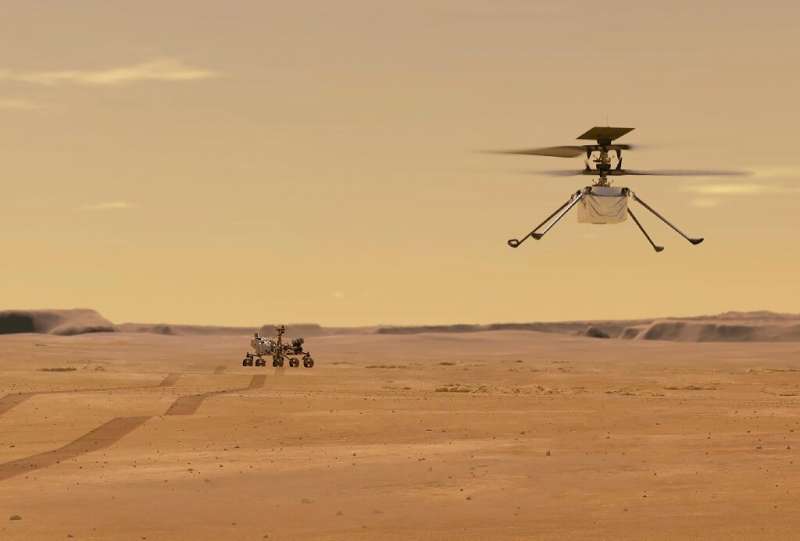 This NASA illustration depicts Mars Helicopter Ingenuity during a test flight on the Red Planet
