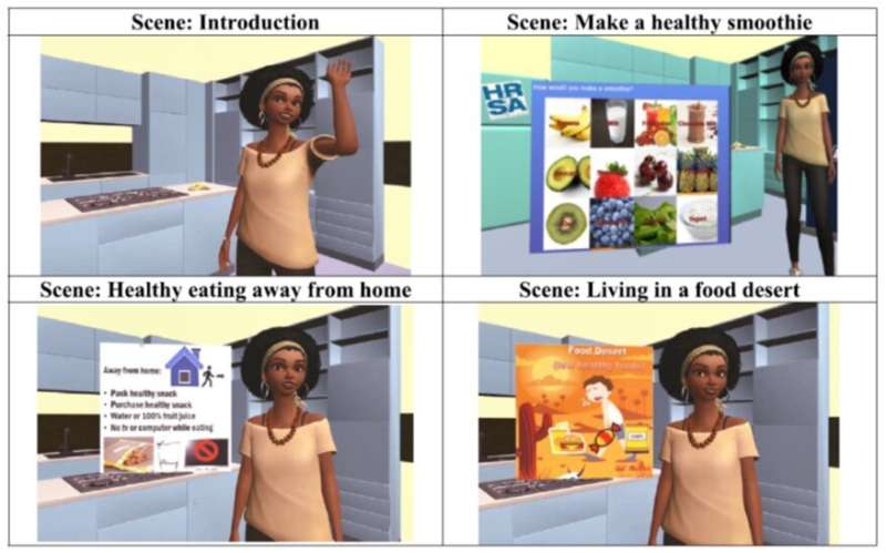 Virtual avatar coaching with community context for adult-child dyads