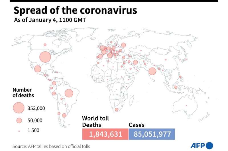 World map showing the number of Covid-19 deaths by country, as of Jan 4 at 1100 GMT