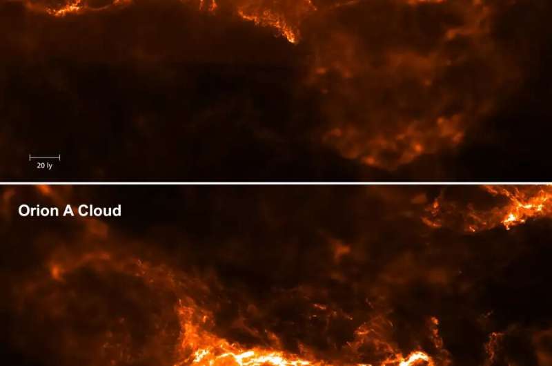 3D реконструкцията разкрива звездообразуващи дейности на два прахови облака