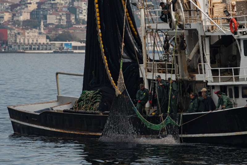 A fishing boat hauls in its catch on the Bosphorus in Istanbul