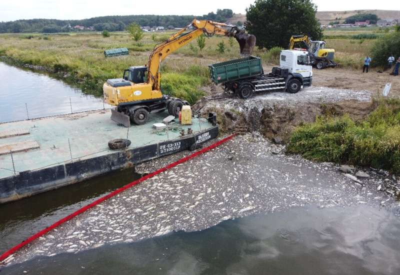 A floating dam is used to encircle dead fish on the Oder River and an escavator to remove them on August 15, 2022 after mass fis