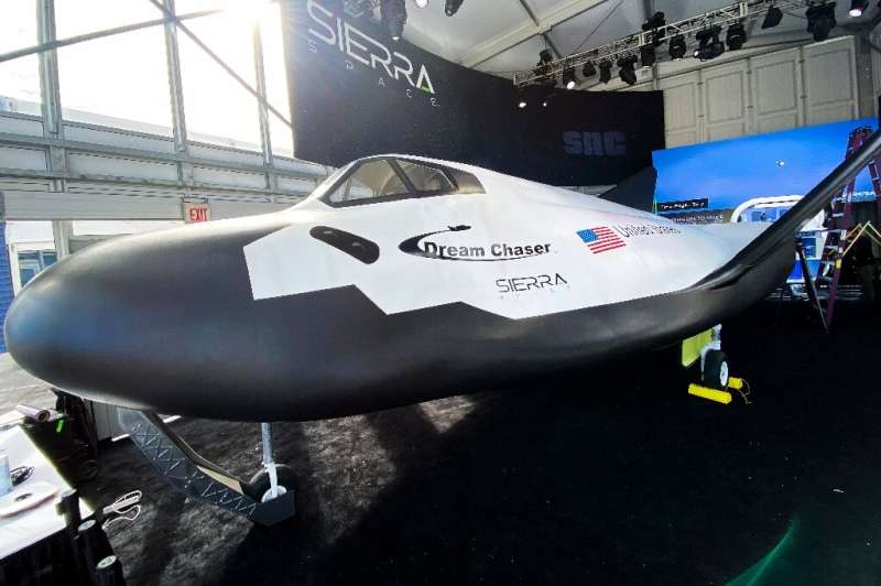 A full sized crew model of the Sierra Space Dream Chaser space plane is displayed ahead of the Consumer Electronics Show (CES) i