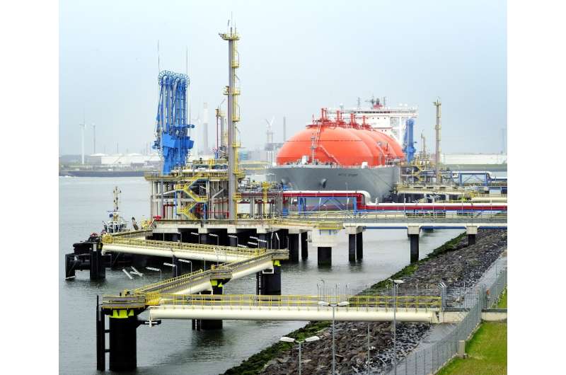 A LNG tanker docked at an offloading facility in the Netherlands