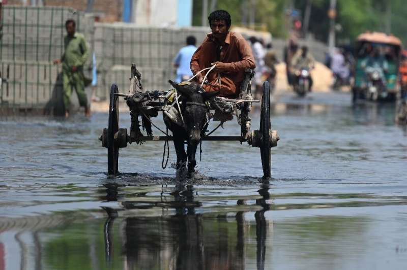 Мужчина едет на ослиной тележке по затопленной улице после сильных муссонных дождей в Джейкобабаде, Пакистан.