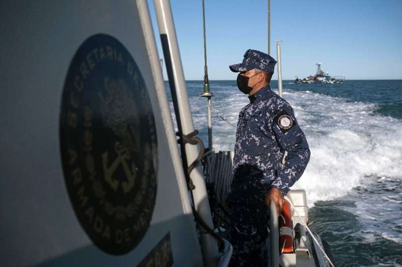 A Mexican navy vessel patrols the Gulf of California as part of efforts to save the critically endangered vaquita porpoise from 