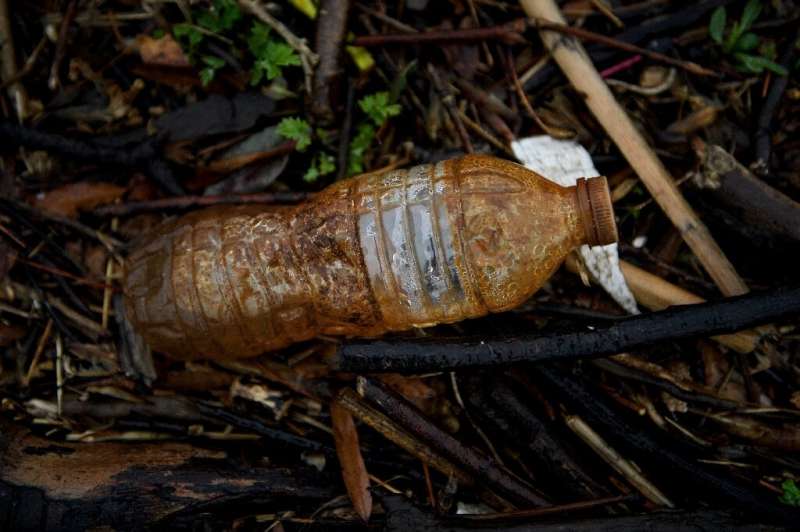 A plastic water bottle is seen washed up on the banks of the Anacostia River on March 21, 2019 in Washington, DC