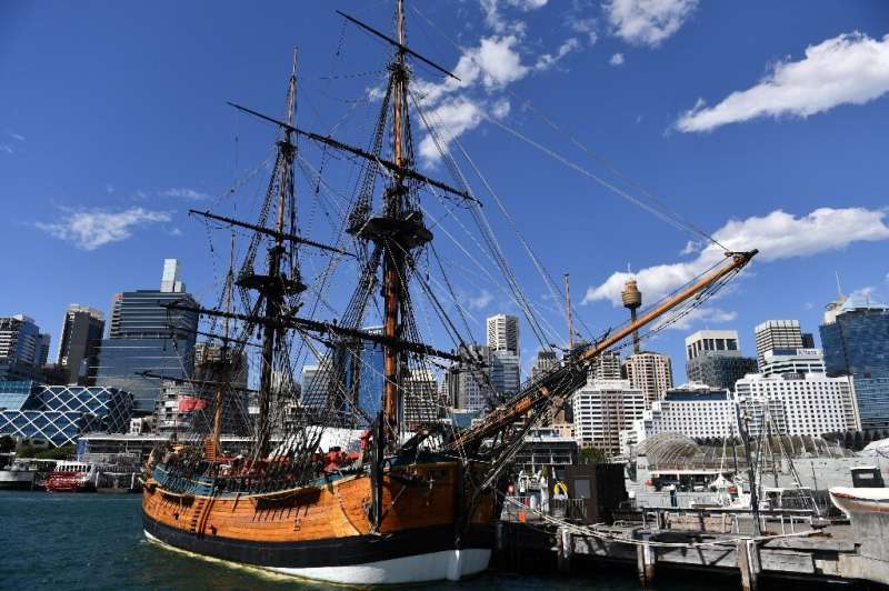 A replica of Captain Cook's ship 'Endeavour' is seen at the Australian National Maritime Museum in Sydney in 2018