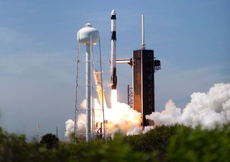 A SpaceX Falcon 9 rocket with the Crew Dragon capsule Endeavor has taken off from the Kennedy Space Center for the first fully p