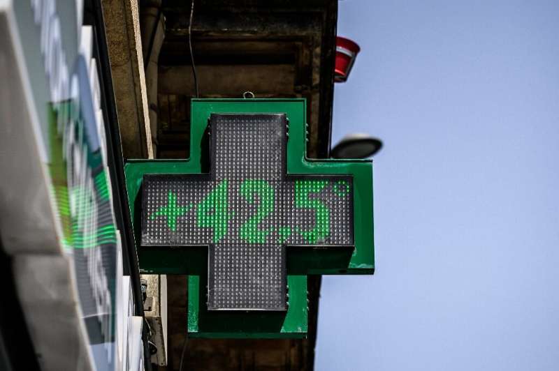Temperature of 42.5 degrees Celsius, registered on a sign in front of a pharmacy in Bordeaux, southwestern France, on Friday