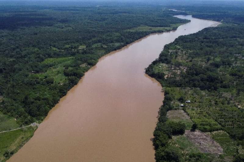 Aerial view of the Putumayo River in Colombia's Amazon rainforest, in the Putumayo region on November 6 2021