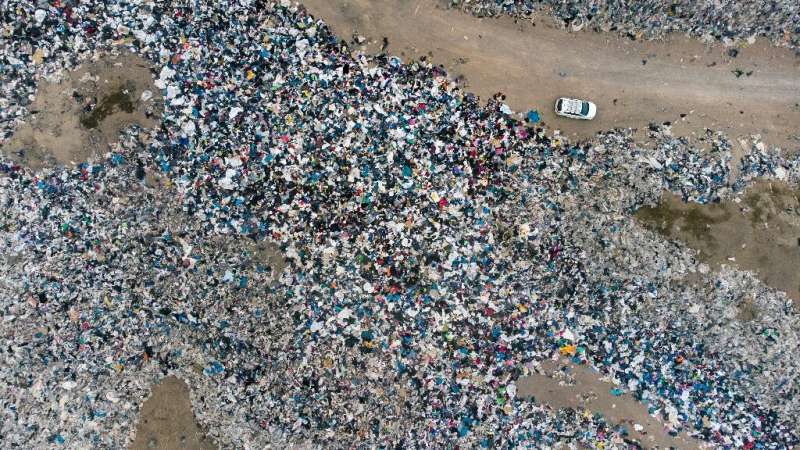 Aerial view of discarded used clothes in the Atacama Desert, Chile, September 26, 2021