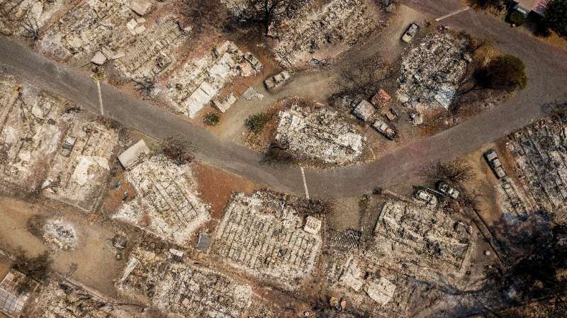 Aerial photograph shows real estate burned down in Clearlake, California in August 2021