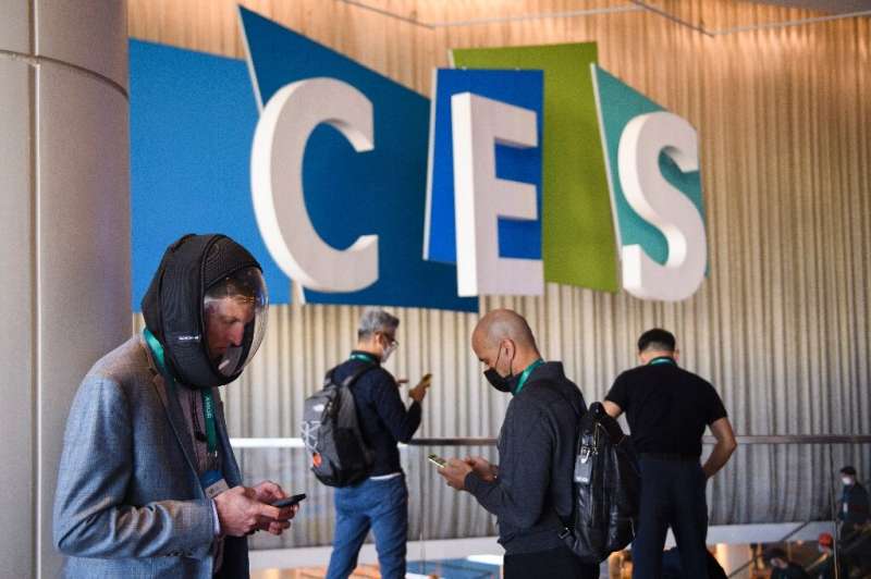 An attendee wears an AIR2 x MicroClimate full face mask at The Venetian Expo during the Consumer Electronics Show (CES) on Janua