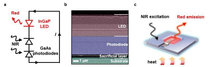 An optoelectronic thermometer based on microscale infrared-to-visible conversion devices
