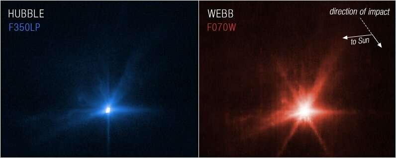 И Уэбб, и Хаббл наблюдали за астероидом до и после столкновения.