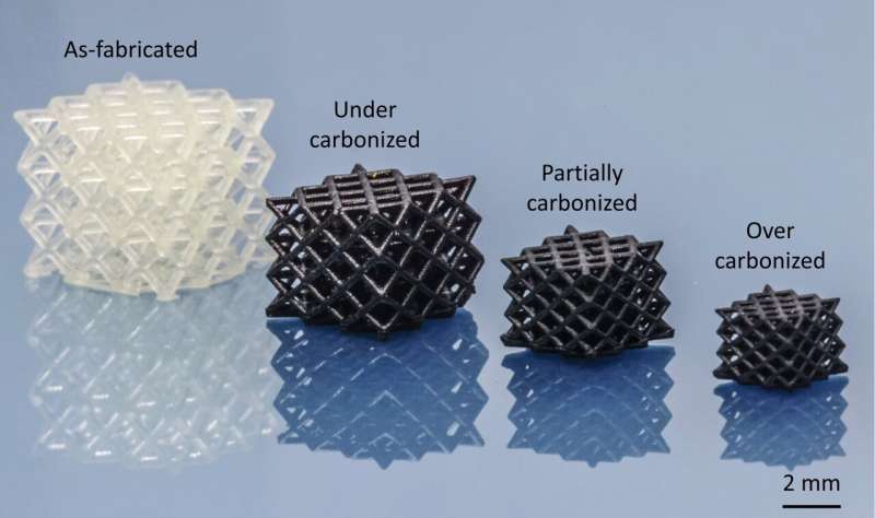 CityU erfindet ein Verfahren zur Umwandlung von 3D-gedrucktem Polymer in ein 100-mal stärkeres, duktiles Hybrid-Kohlenstoff-Mikrogittermaterial