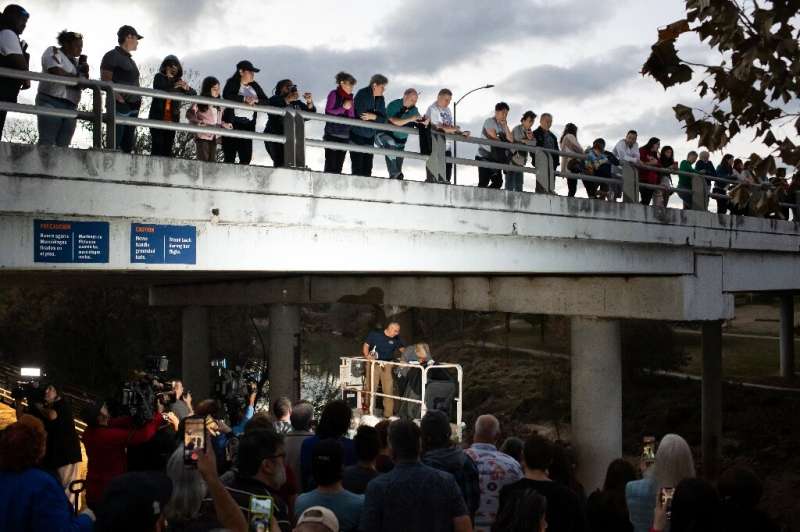 Crowds watch as Mexican Free-tailed bats are released at the Waugh Bridge in Houston, Texas, on December 28, 2022