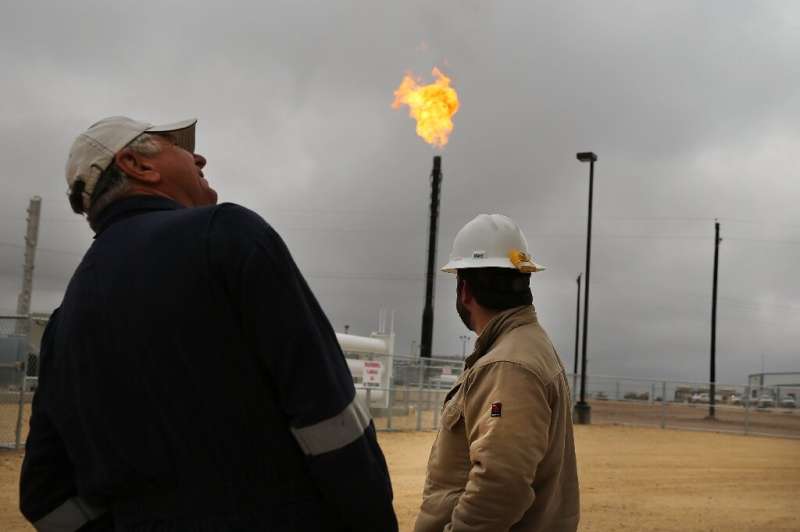 Flared natural gas is burned off at Apache Corporations operations at the Deadwood natural gas plant in the Permian Basin in 201