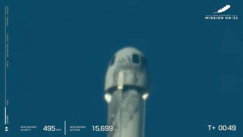 In this still image taken from a Blue Origin broadcast, a Blue Origin New Shepard rocket launches from Launch Site One in West T