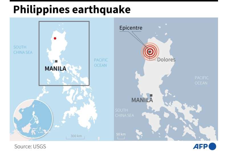 Map locating the epicentre of a magnitude 6.4 earthquake recorded in the northern Philippines on October 25, 11 km east of the c