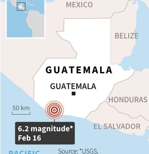 Map of Guatemala locating the epicenter of a 6.2-magnitude quake on February 16, 2022