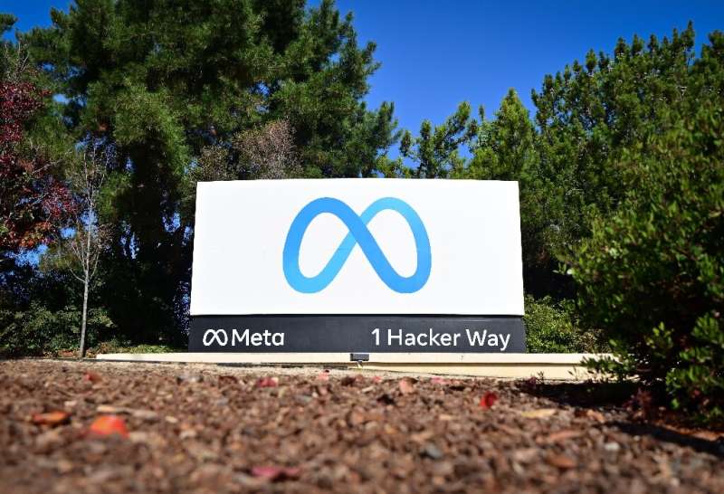 Meta's logo at the entrance to their headquarters in California