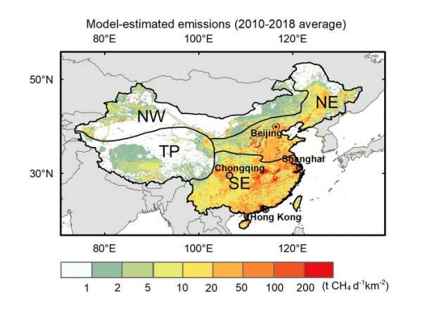 Model analysis of atmospheric observations reveals methane leakage in North China