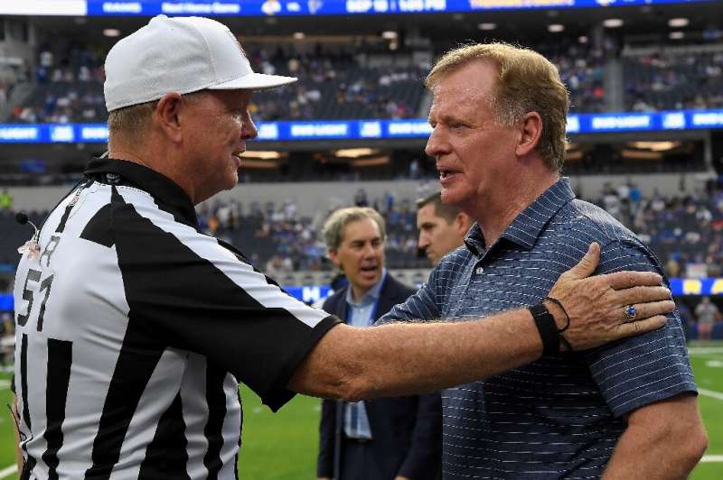 NFL commissioner Roger Goodell (R), seen speaking with a referee before a Los Angeles-Buffalo game September 8, 2022 in Californ
