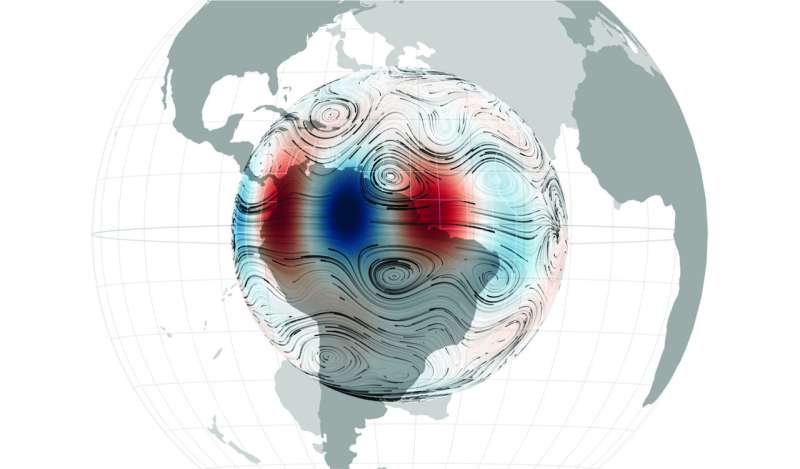 Nonaxisymmetric wavelike patterns identified in the equatorial region of the Earth’s core