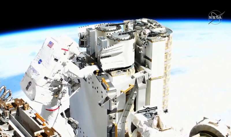 Pesquet, left, during a spacewalk outside the ISS in June, 2021